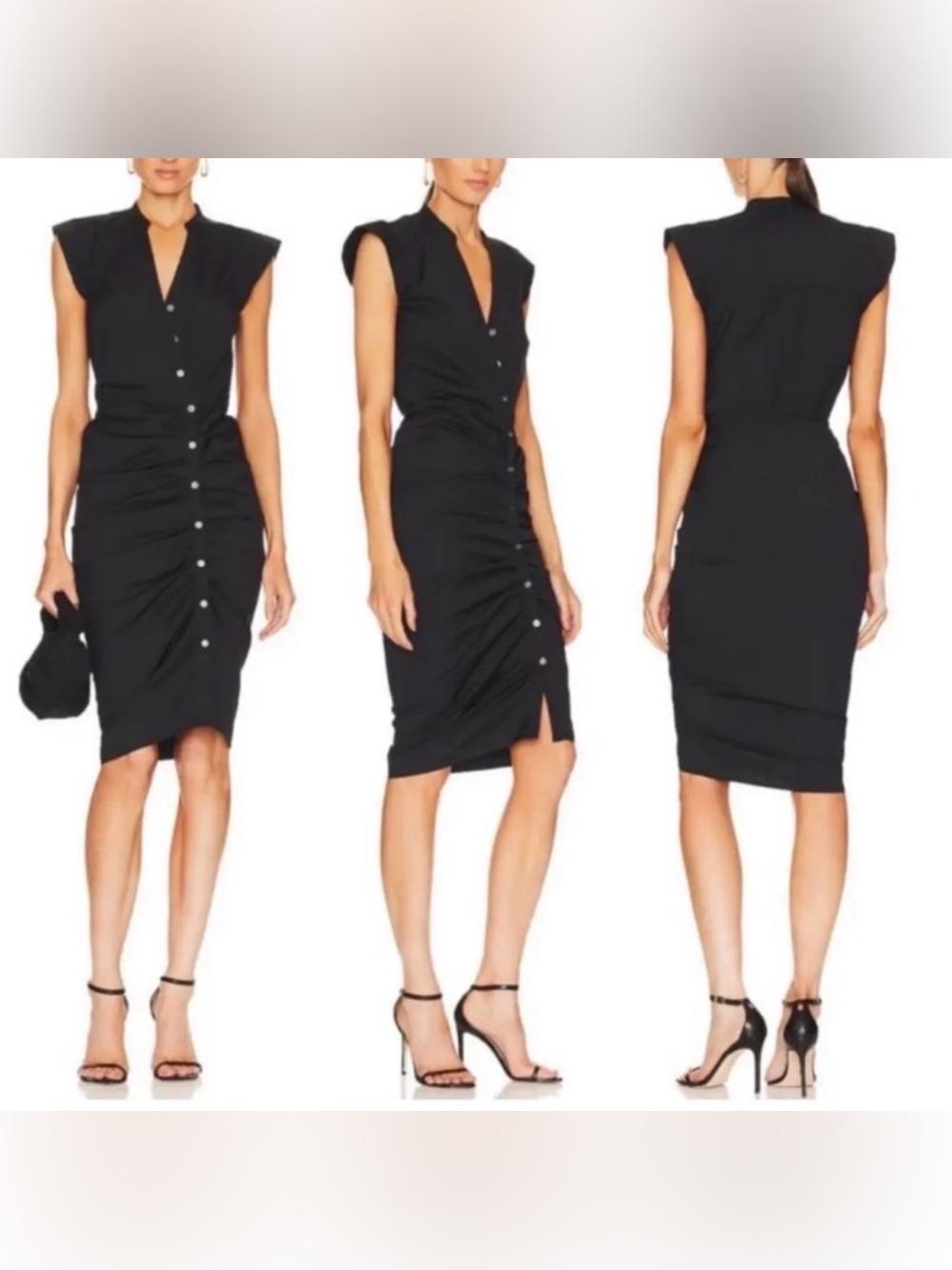Veronica Beard Black Cap-Sleeve Ruched Button Midi Dress